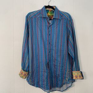 Robert Graham Mens Medium Button Up Shirt Embroidery Colorful Stripes Flip Cuff